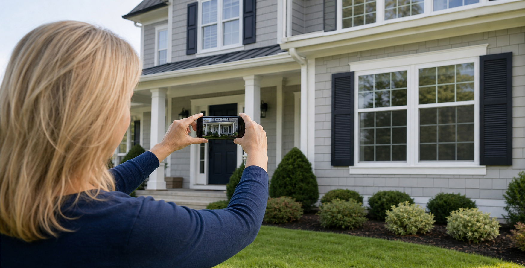 Homeowner taking smartphone photos of exterior windows for a Sightline quote